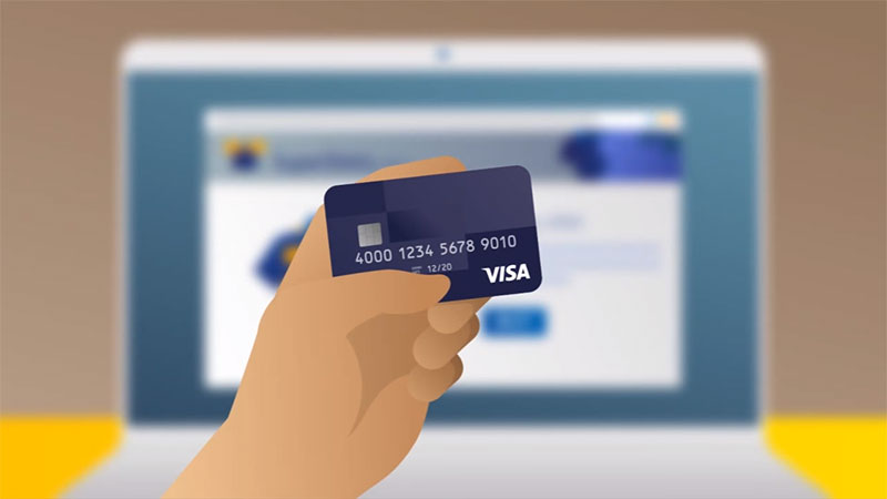 Illustration of a hand holding a Visa 3-D Secure credit card